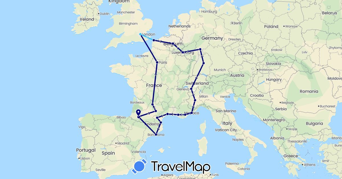 TravelMap itinerary: driving, boat in Belgium, Switzerland, Germany, Spain, France, United Kingdom, Italy, Monaco (Europe)